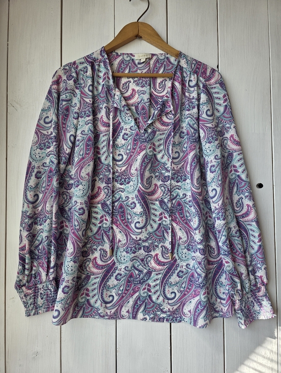 Laura Tops - Laura Paisley Print Tie Front Blouse Purple Teal Womens Size 12